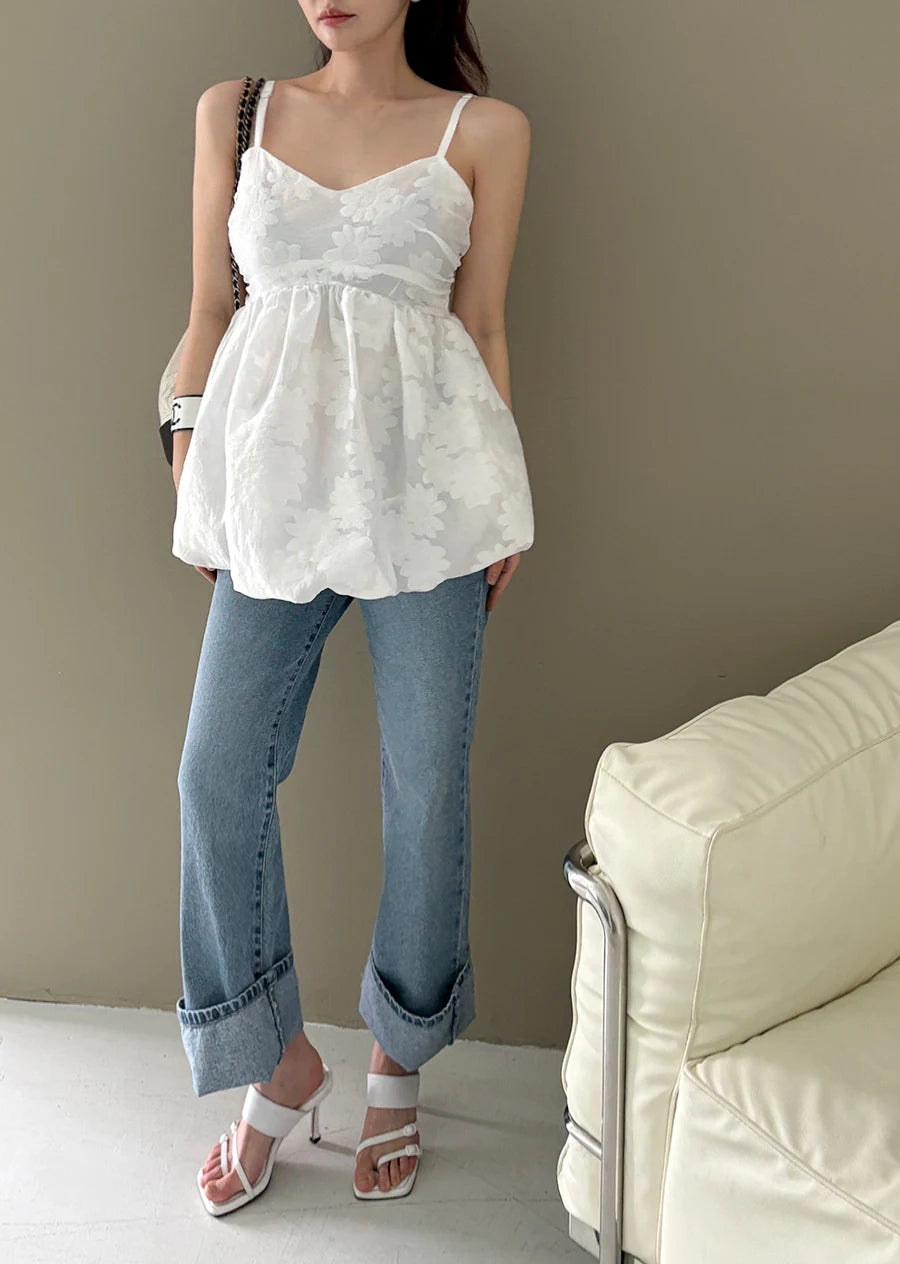 3d Embroidered Jacquard Tank Top Strap Summer New Style Unique Design Lotus Leaf Edge Puff Blouse Top