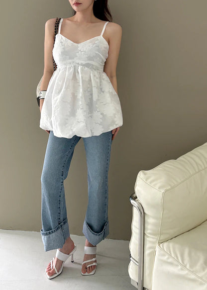 3d Embroidered Jacquard Tank Top Strap Summer New Style Unique Design Lotus Leaf Edge Puff Blouse Top