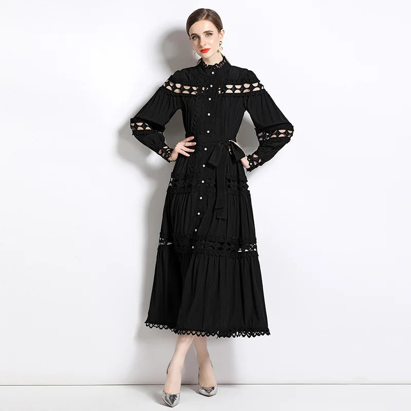 Dresses Skeleton Lace Splicing Stand Collar Single Breasted Dresses Aline Midi Dresses With Belt Party Clubwear