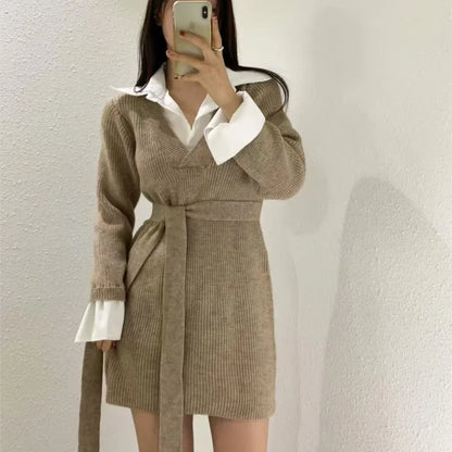Korean Mini Dresses Turn-down Collar Long Sleeve Shirt Patchwork Autumn Winter Knitted Dress Vestidos