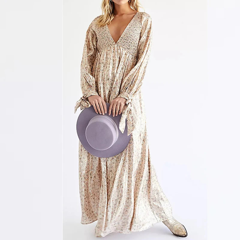 Laceup Backless Long Dress Spring Vneck High Waist Loose Maxi Dress Autumn Long Sleeve Print Party Dress Mujer