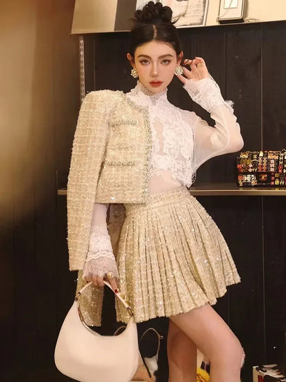 Small Fragrance Autumn Winter Beading Tweed Pearls Short Jacket Coat + Mini Pleated Skirt Suit Two Piece Sets Outifits