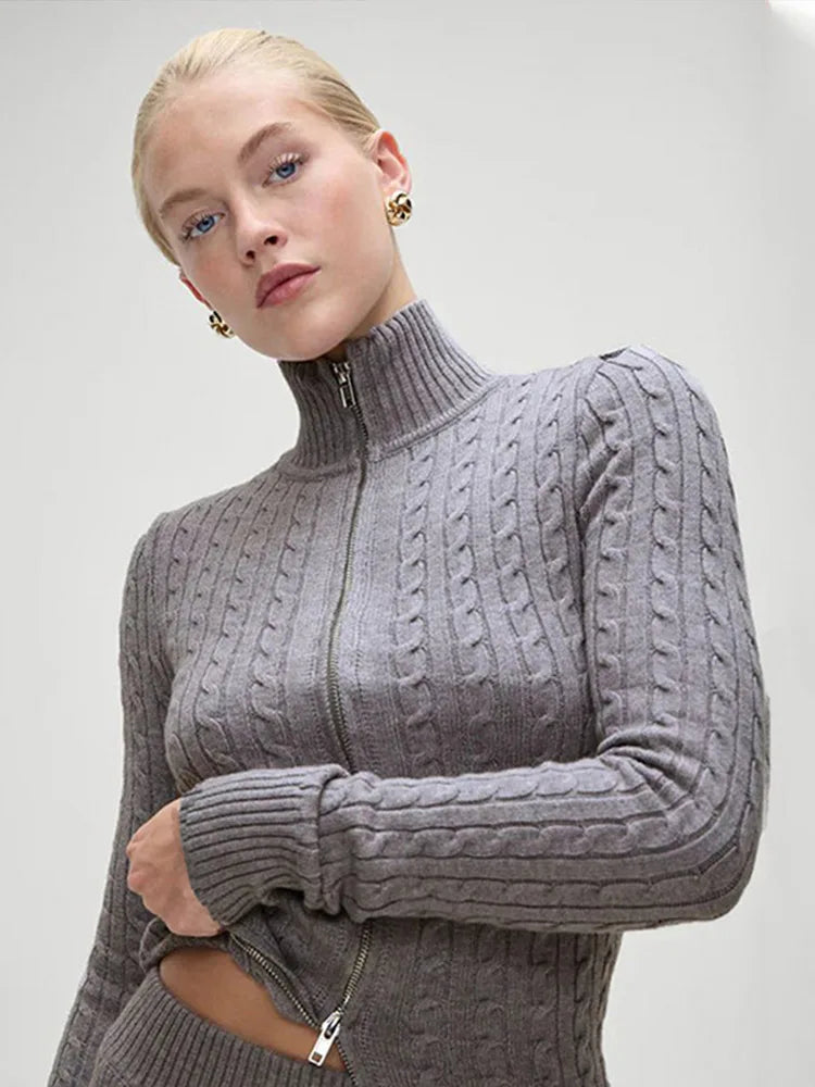 Knitted Zipper Sweater Woman Slim Fit Stand Collar Cardigan Sweaters Lady Autumn Versatile Street Knitwear