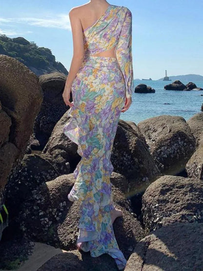 Purple Print Club Slanted One Shoulder Slim Ruffles Long Dress Summer Long Sleeve Party Evening Dress