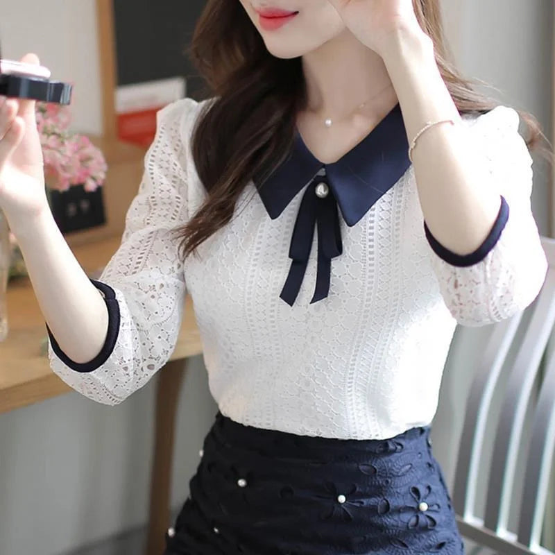 ’s Spring Autumn Style Lace Blouses Shirt Peter Pan Collar Color Half Sleeve Lace Tops Sp8676