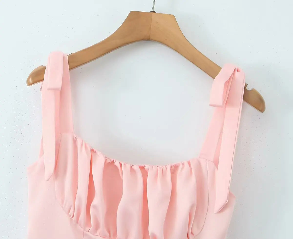 Pleated Design Tie-up Sleeveless Summer Dresses Color Slim Fit Mini Dress Simple Party Dress