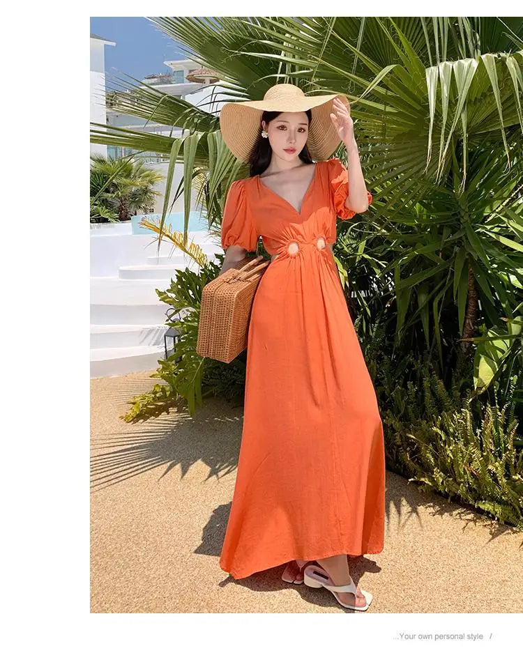 Orange V Neck Waist High Hollow Out Pleated Dress Summer Short Sleeves Long Dresses