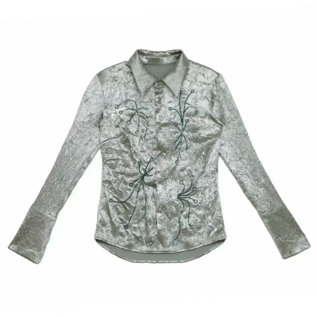 Metallic Luxurious Wrinkled Polo Collar Budding Plant Long Sleeve Shirts for Autumn New Loose Blouses Tops
