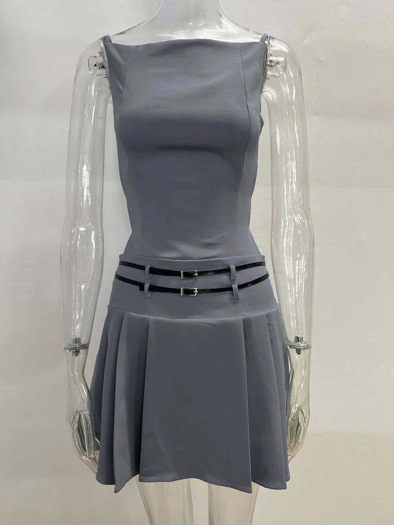 High Street Backless Bandage Pleated Dress Slit Sleeveless Bodycon Mini Dress New Summer Party Dress