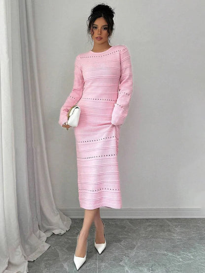 Striped Hollow Two-wear Knitted Long Dress for Party Club Sweater Dress Vestido Femaleslim Outfits