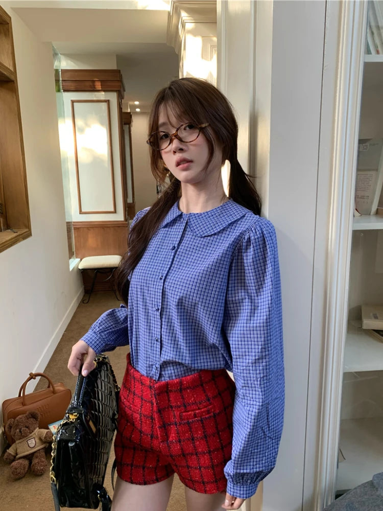 Blue Plaid Shirt Kawaii Peter Pan Collar Blouse Female Preppy Style Puff Sleeve Top With Teen Girl Spring Clothes