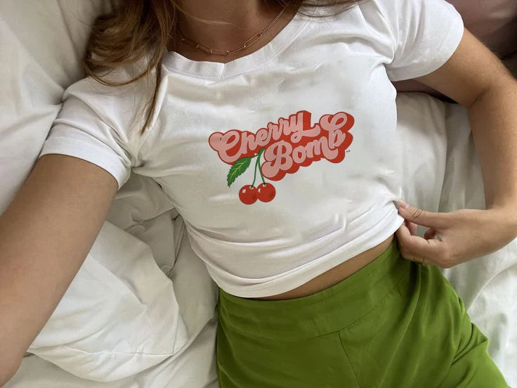 Short-sleeved T-shirt Summer Cherry Letter Print Short-sleeved Top Spice Wearing Crop Short Slim-fit Street Style