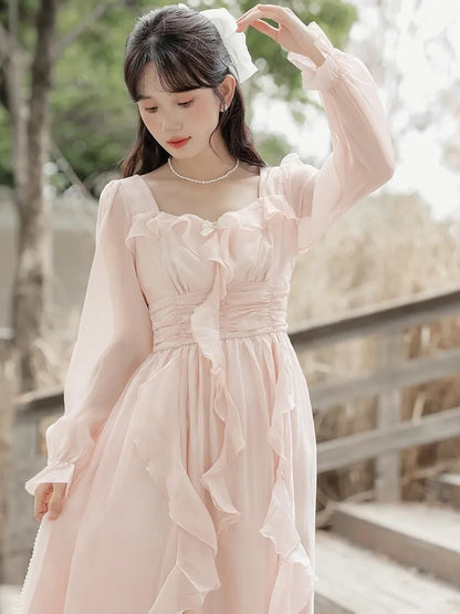 Pink Fairy Party Midi Dress Korean Style Sweet Vestidos Female Bubble Sleeve Evening Party Robe Autumn New