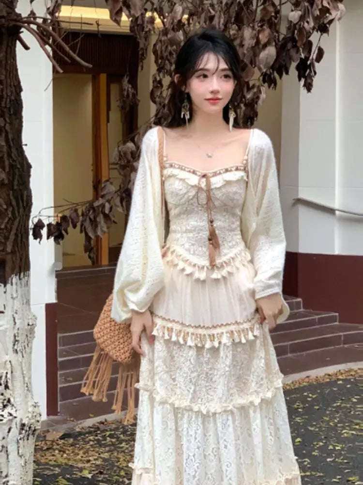 Travel Outfits Vacation Style Three Piece Set for Autumn New Gentle Tank Top+long Skirt+cardigan