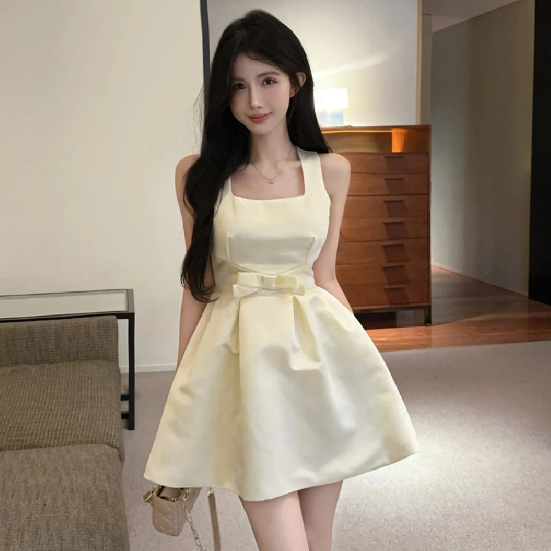 Dresses Sweet Square Collar Bow Sleeveless Slim Ball Gown Mini Dress Temperament Spring