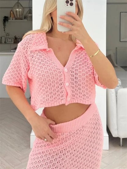 Knit Hollow Out 2 Piece-set Long Skirt ’s Cropped Top Cardigan and High Waist Maxi Skirt Outfits Female Clothes