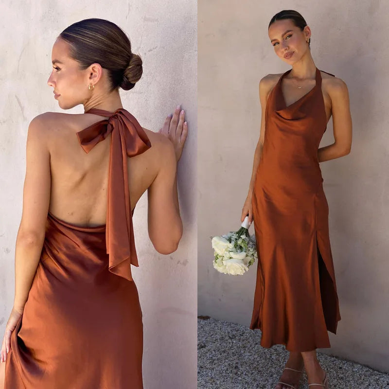Slim Fit Backless Evening Dress Summer Satin Split Sleeveless Long Dresses Party Halter Dress 28312