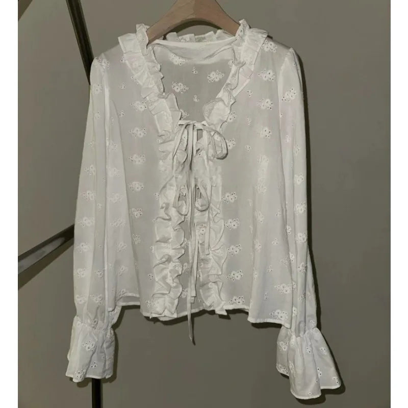 Vneck Ruffled Laceup Loose Longsleeved Shirt Summer New Korean Hollow Color Blouse