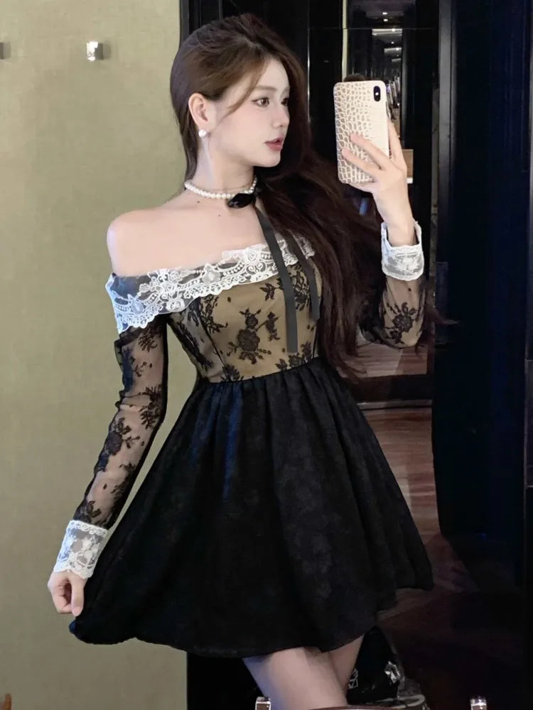 Y2k Sweet Black Mini Dresses for Slash Neck Lace Patchwork Slim Waist Aline Korean Short Vestidos Mujer