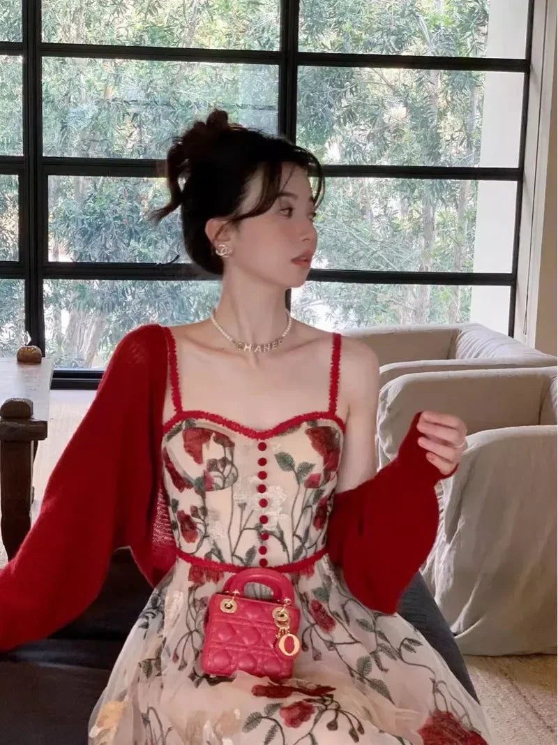 Sweet Hot Girl Suit Autumn Red Longsleeved Cardigan Embroidery Strap Dress Twopiece Set Female Clothes
