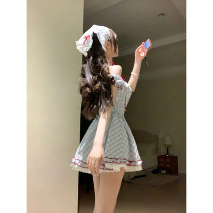 Japanese Kawaii Sweet Short Party Dress Sleeve Y2k Plaid Mini Dress Female Lolita Clothing Outfits