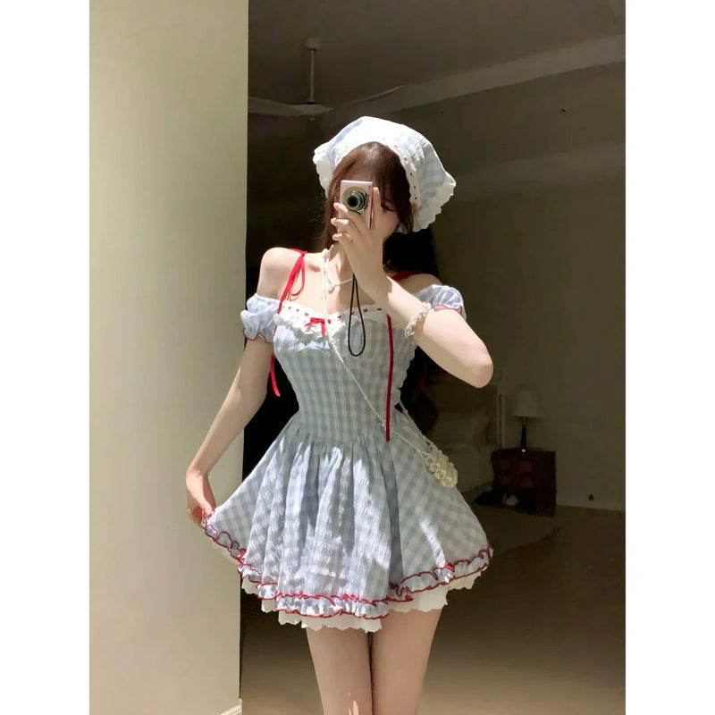 Japanese Kawaii Sweet Short Party Dress Sleeve Y2k Plaid Mini Dress Female Lolita Clothing Outfits