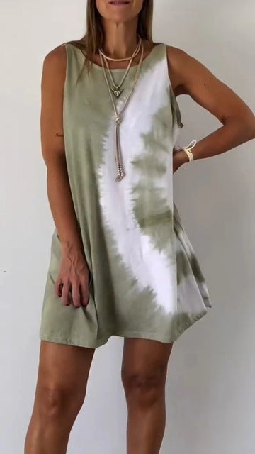 Gradient Tie Dye Print Mini Dresses Summer New Loose O Neck Sleeveless Dress Lady Vestidos