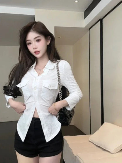 Navy Blue Three Quarter Shirt for Tops Button Up Slim White Blouse Female Autumn Black Clothes
