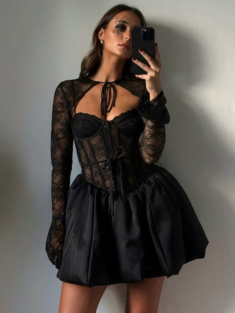 Black Lace Puffball Mini Dress for Lace-up Sheer Long Flare Sleeve High Waist Club Party Dress