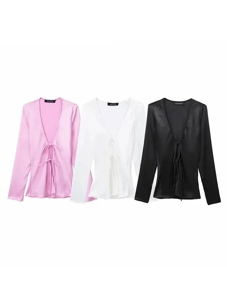 Vneck Lace Up Satin Blouses Long Sleeves Color Shirt Top Female Versatile Tops