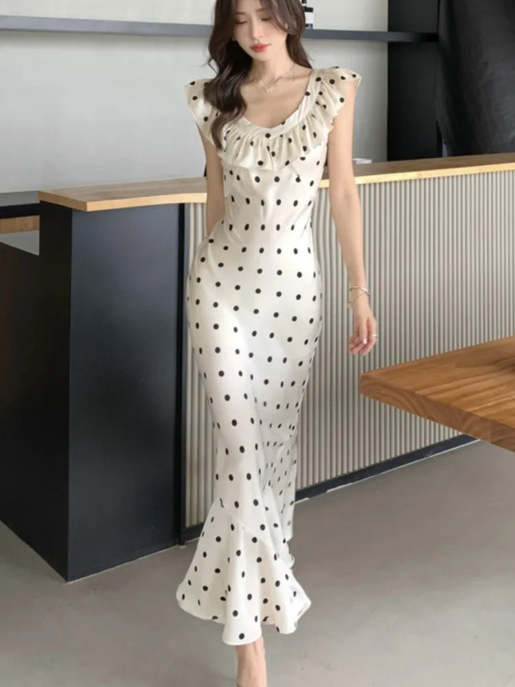 Bodycon Dot Midi Dresses for Ruffles V-neck Sleeveless Slim Mermaid Evening Party Dress Prom Robe Vestidos Mujer