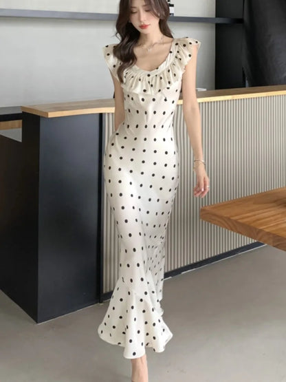 Bodycon Dot Midi Dresses for Ruffles V-neck Sleeveless Slim Mermaid Evening Party Dress Prom Robe Vestidos Mujer