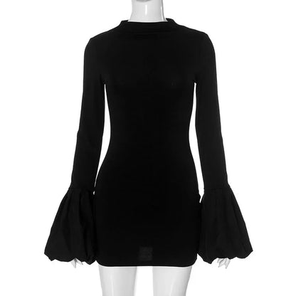 Pull Sleeve Black Mini Dress Female High Waist Long Sleeve Dresses Club Party Bodycon ’s Clothing