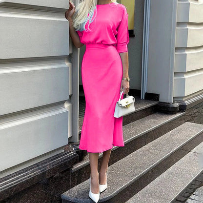 Oneck Halfsleeved Slimfit Dress Spring Color Simple Temperament Dress Commuter Hip Wrap Slim Long Dress