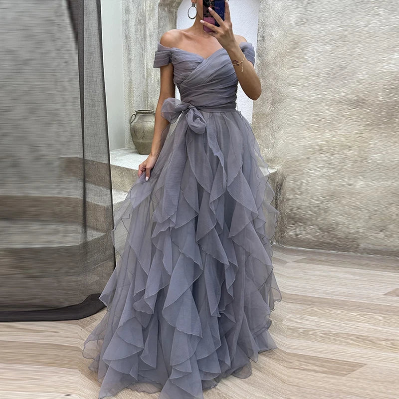 Strapless Ruffle Mesh Bridesmaid Dresses Spring Backless Hollow Long Party Dress Summer High Waist Bow Hem Maxi Dress