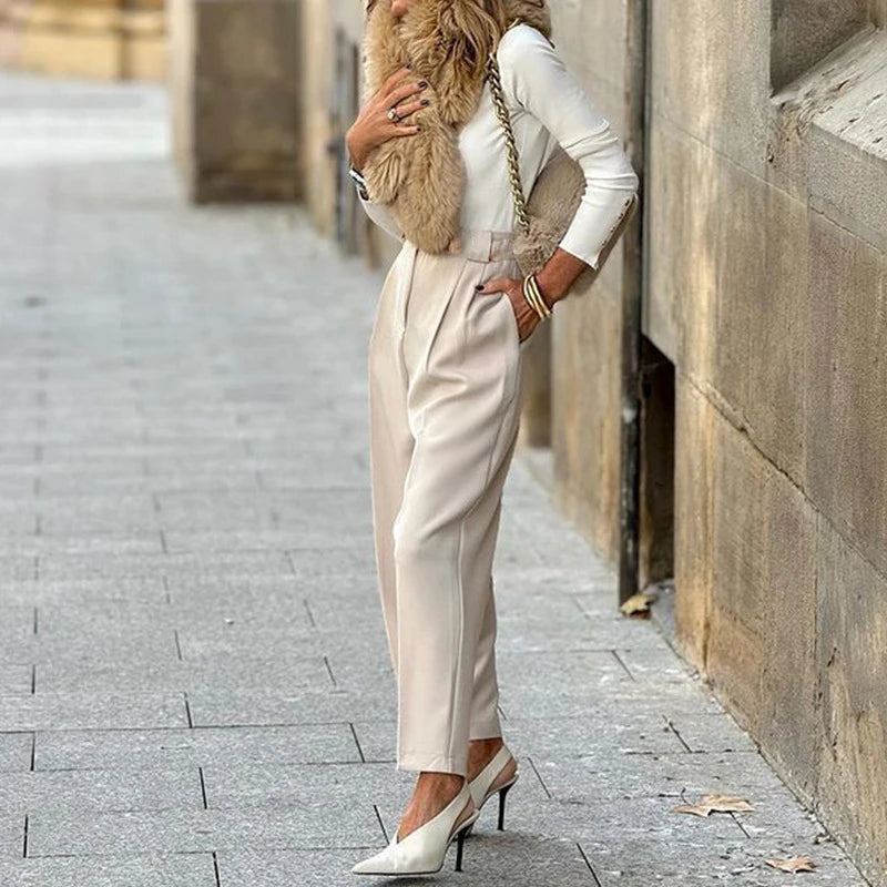 Button Fly Suit Pants for Spring High Waist Straight Trousers Autumn Pocket Formal Work Pants Mujer Harajuku