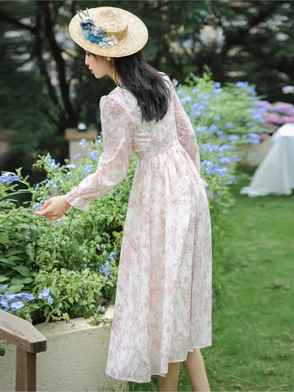 Sweet Pink Princess Dress Bow Petal Sleeve Print Flattering Waist Romantic Lady Midi Dresses Robe Rose Vestidos