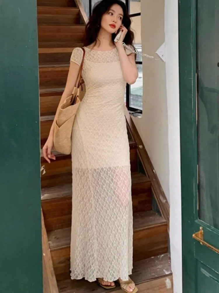 Mesh Two Piece Dress Set Slim Midi Dresses for Frence Retro Lace Y2k Bodycon Birthday Party Dress Prom Vestidos