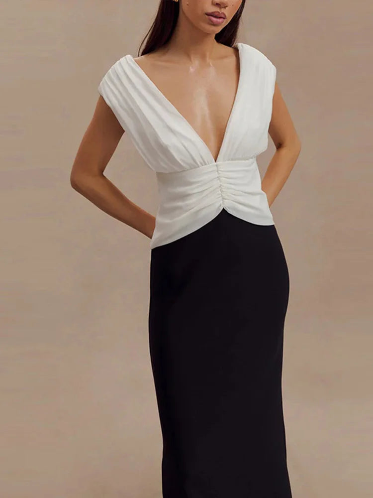 Deep V-neck Patchwork Long Dress Pleated Sleeveless Slim Fit Dresses Female Spring Street Office