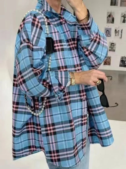 Summer Oversized Plaid Shirt Long Sleeve Loose Fit Blouse Autumn Female Office Shirt Tops for Woman