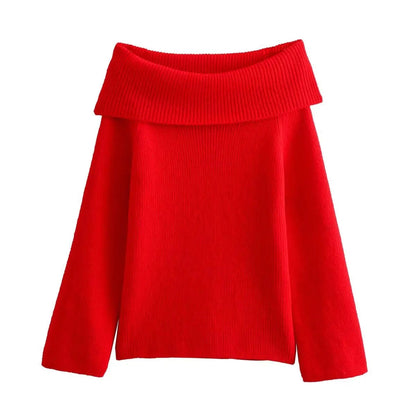 Simple Knitted Sweater for Woman Slash Neck Long Sleeve Loose Pullover Autumn Basic Jumper