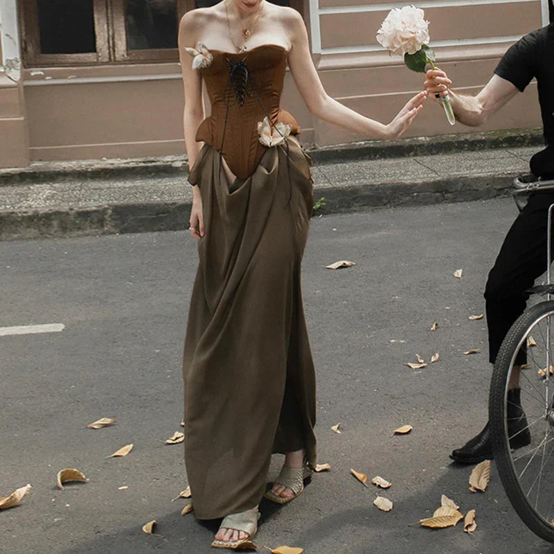 Butterfly Detail Strapless Long Dress Aesthetic Detachable Corset Top Maxi Dresses