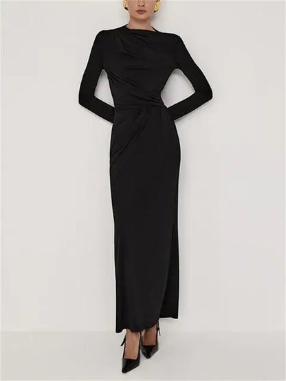 Pleated Slim Maxi Dress for High Waist Long Sleeve Bandage Autumn Dress Patchwork Long Dress