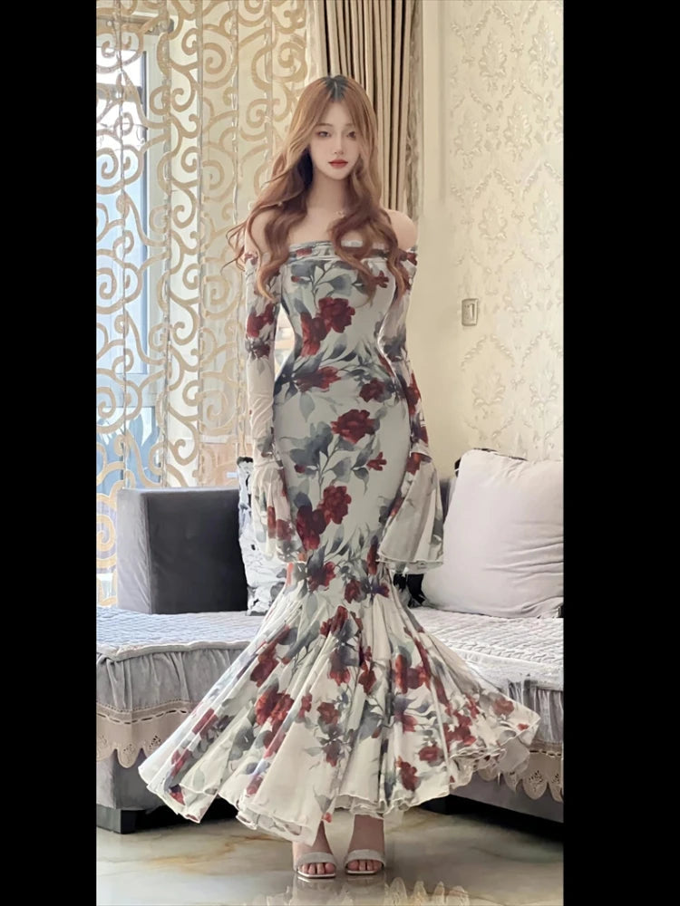 Summer French Print Midi Dress One Shoulder Dress Korean Even Party Female