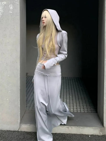 Y2k Autumn 3-piece Skirt Set Long Sleeve Hooded Crop Cardigan Vest Long Skirt Harajuku Club Party New