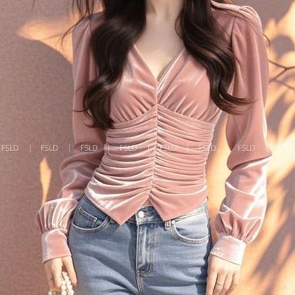 Velvet Long Sleeve T Shirt V Neck Lady Tee Youth Top Basic Blouse New