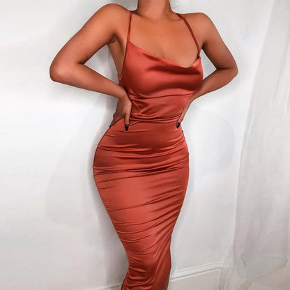 Neon Satin Lace Up Backless Midi Dress