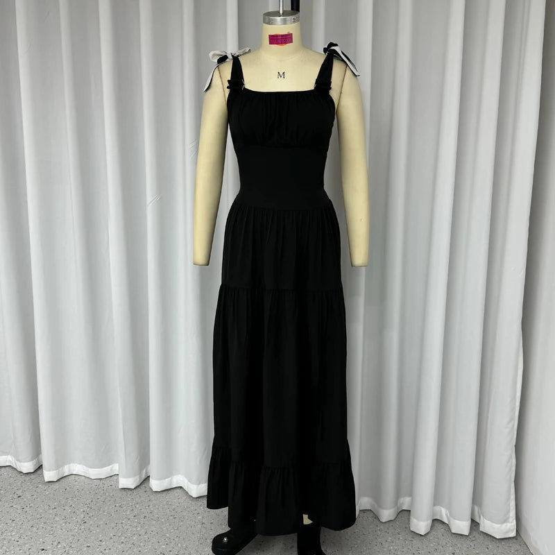 Dresses Summer Square Neck Bow Strap Sleeveless Black Pleated Party Long Dress