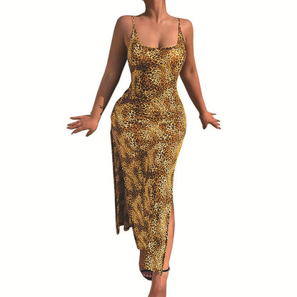 Leopard Print Slim Long Dresses Low Cut Backless Package Hip Bodycon Slit Dress Female Summer New