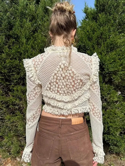 Heavy Industry Embroidered Lace Hook Flower Shirt Female Long Sleeve Blouse Clothing Autumn New Slimming Short Top